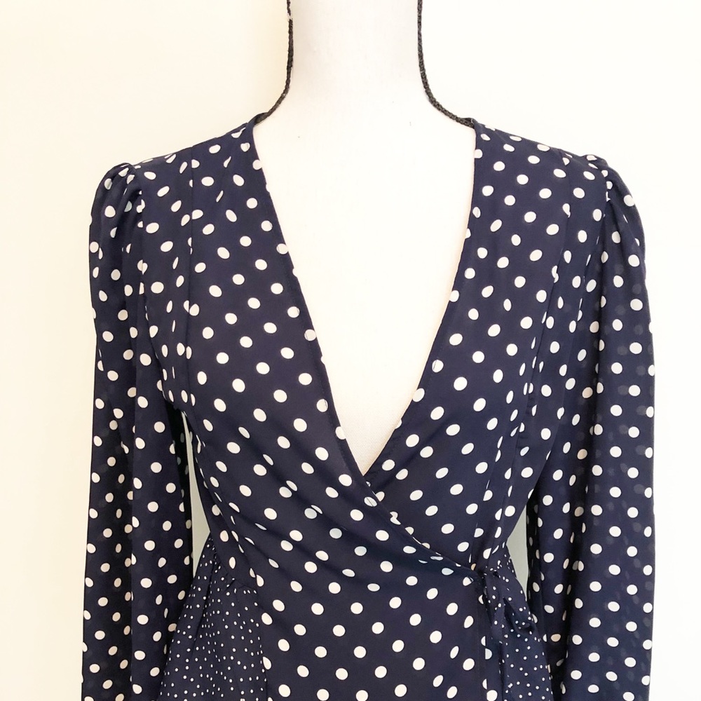 Topshop navy/white polka dot wrap top